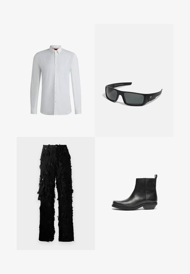Chaqueta de moto de cuero negro con bolsillos con cremallera, solapas anchas y mangas largas. Textura suave y diseño estructurado con accesorios metálicos.; Camisa blanca de manga larga con cuello abotonado, que presenta una textura suave, corte recto y un detalle sutil a lo largo del pliegue frontal.; Pantalones negros con un diseño texturizado y con flecos. Presenta una cintura alta, cierre de botón metálico y una correa lateral para ajuste.; Botas negras de cuero hasta el tobillo con punta afilada y tacón bajo. Diseño elegante con una textura suave y una cinta de tirón para facilitar su uso.; Gafas de sol negras con montura rectangular, lentes gris oscuro y acabado de plástico suave. Acento notable del logotipo en el lateral.