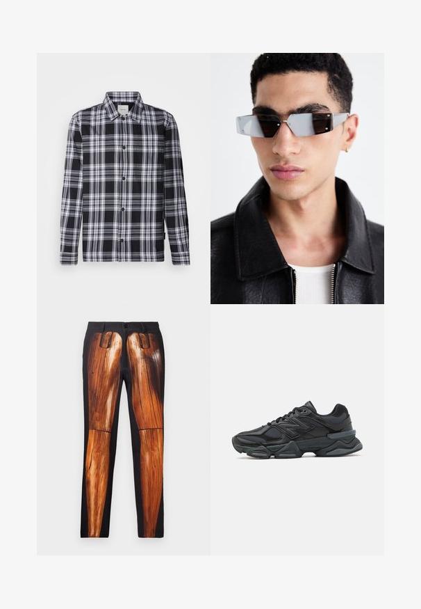 Schwarze Leder-Bikerjacke mit Reißverschlusstaschen, breiten Revers und langen Ärmeln. Weiche Textur und strukturiertes Design mit metallic Hardware.; Schwarz-weiße kariertes Hemd mit langen Ärmeln, Knopf-verschluss vorne und einem klassichen Kragen. Weicher Stoff mit glatter Textur.; Schwarze Hose mit grafischem Druck von Holzbeinen, mit glatter Textur und kontrastierendem glänzenden Finish auf einem matten Hintergrund.; Schwarzer Laufschuh mit einer Mischung aus Mesh- und sinthetischen Materialien, dicke Sohle, geschwungenes Design und auffälliger Markenkennzeichnung an der Seite.; Eckige, grau getönte Sonnenbrillen mit silberner Hardware, vor einem hellen Hintergrund. Die Gläser weisen eine einzigartige geometrische Form auf.