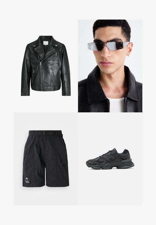 Veste en cuir noir de biker avec poches zippées, grands revers et manches longues. Texture douce et design structuré avec des détails métalliques.; Débardeur à carreaux avec des tons rouges, bleus, jaunes et bruns, arborant le mot "WESTWOOD" en lettres jaunes en gras sur la poitrine avec des accents d'étoiles.; Shorts cargo noirs en tissu léger. Dotés d'une ceinture élastique avec une ceinture, d'une poche latérale et d'un patch logo sur la jambe gauche.; Chaussure de course noire mettant en avant un mélange de mesh et de matériaux synthétiques, avec une semelle épaisse, un design arrondi et un logo bien visible sur le côté.; Lunettes de soleil grises angulaires avec des détails en argent, sur un fond clair. Les verres présentent une forme géométrique unique.