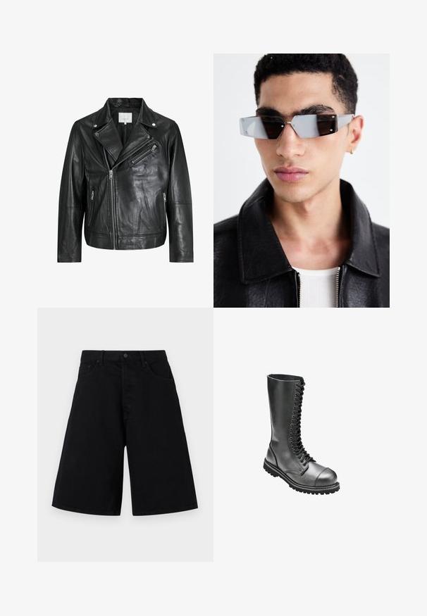 Veste en cuir noir de biker avec poches zippées, grands revers et manches longues. Texture douce et design structuré avec des détails métalliques.; Débardeur noir en tissu léger avec un col rond et sans manches. Présente un ourlet droit et des détails de couture minimalistes.; Shorts noirs en denim avec une coupe décontractée, présentant un design classique à cinq poches et une fermeture à bouton, texture lisse et coupe droite.; Bottines de combat en cuir noir à lacets avec une tige haute, un bout rond, un col rembourré et une semelle en caoutchouc texturé pour une adhérence améliorée.; Lunettes de soleil grises angulaires avec des détails en argent, sur un fond clair. Les verres présentent une forme géométrique unique.