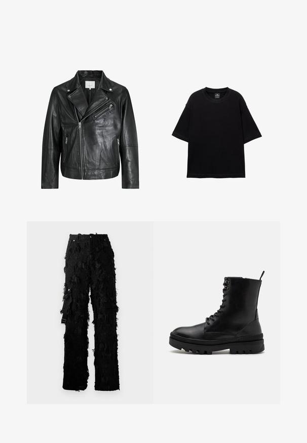 Jachetă de motociclist din piele neagră, cu buzunare cu fermoar, rever late și mâneci lungi. Textură moale și design structurat cu elemente metalice.; Tricou negru cu maneci scurte, fabricat din bumbac, având un decolteu rotund și o croială lejeră. Textură netedă cu detalii minime de cusătură.; Pantaloni negri cu un design texturat și franjurat. Prezintă un talie înaltă, închidere cu buton metalic și curea laterală pentru ajustare.; Botine din piele neagră, cu vârf rotunjit, sistem de șireturi în față și o talpă din cauciuc robustă, cu detalii texturate.