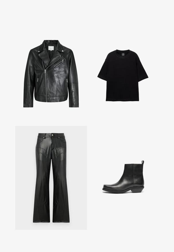 Črna usnjena motoristična jakna z zadrgo, širokimi reverji in dolgimi rokavi. Mehka tekstura in strukturirana zasnova z kovinskimi dodatki.; Črno kratko majico s kratkimi rokavi iz bombaža, z okroglo ovratnico in sproščenim krojem. Gladka tekstura z minimalnimi detajli šivanja.; Črne široke hlače iz umetnega usnja, opremljene s sprednjimi žepi, vidnim šivanjem in ukrivljenimi paneli na straneh.; Črne usnjene gležnjarje s koničastim prstom in nizko blokasto peto. Elegantna oblika z gladko teksturo in zanka za enostavno obuvanje.
