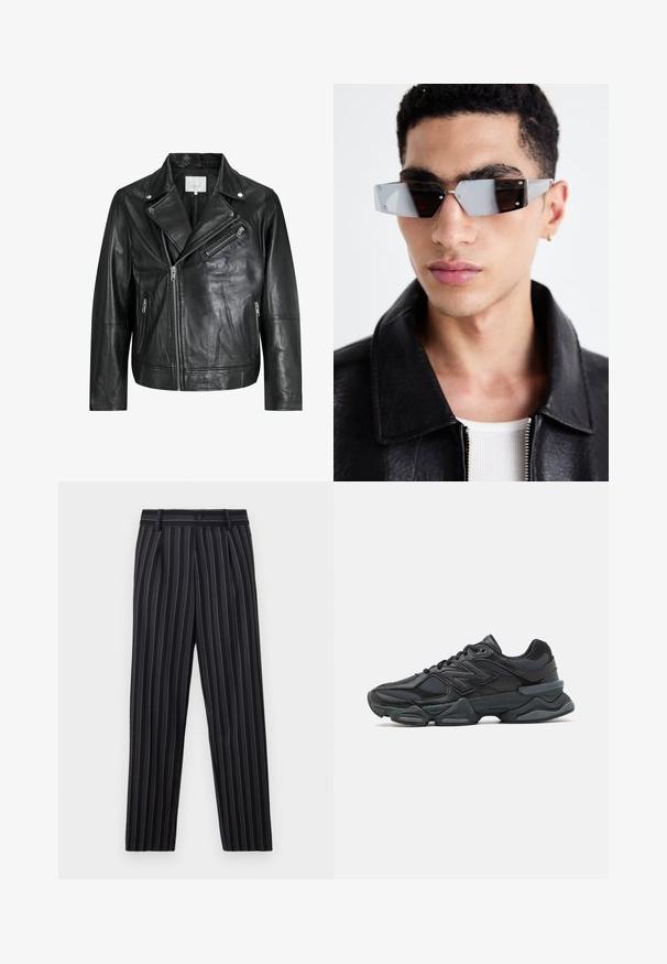 Crna kožna moto jakna s patentnim zatvaračima, širokim reverima i dugim rukavima. Meka tekstura i strukturirani dizajn s metalnim detaljima.; Crna kratka majica s kratkim rukavima od pamuka, s okruglim izrezom i ležernim krojem. Glatka tekstura s minimalnim detaljima šivanja.; Prugaste hlače crno-bijele boje s krojem po mjeri, s petljama za remen, prednjim kopčanjem na gumb i ušivenim prednjim nabranicama.; Crne trkačke tenisice izrađene od kombinacije mrežastih i sintetičkih materijala, s debelim potplatom, zakrivljenim dizajnom i istaknutim brendom sa strane.; Angular sunčane naočale sivo-smeškanih tonova sa srebrnim detaljima, postavljene na svijetloj pozadini. Stakla imaju jedinstven geometrijski oblik.