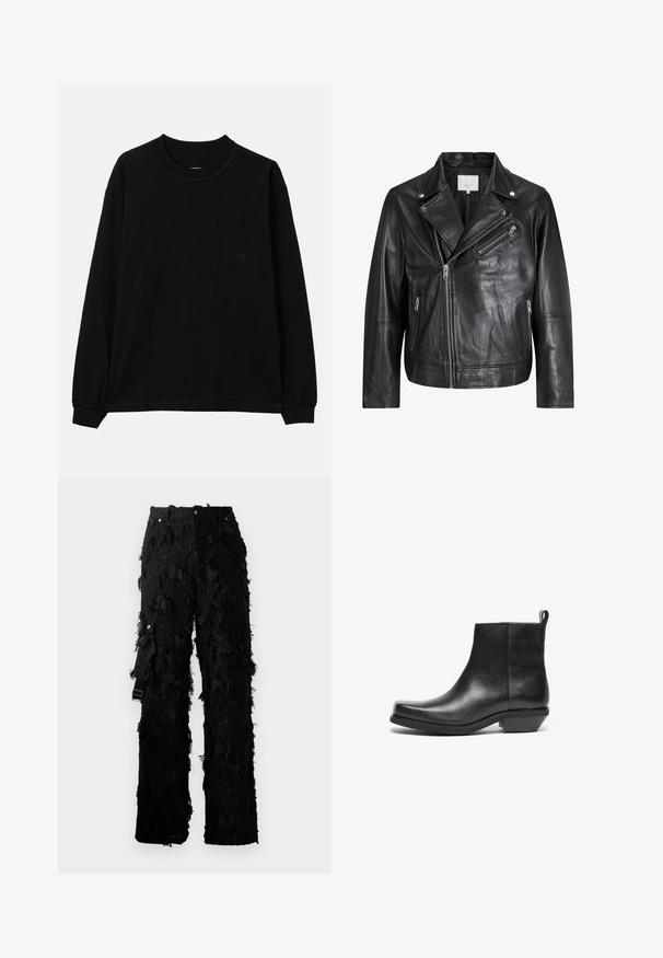 Černá kožená biker bunda s kapsami na zip, širokými klopami a dlouhými rukávy. Měkká textura a strukturovaný design s kovovými doplňky.; Černé pánské tričko s dlouhým rukávem vyrobené z bavlny, s kulatým výstřihem, kapsou na levé straně hrudi a elastickými manžetami. Minimalistický design bez vzorů.; Černé kalhoty s texturovaným, třásňovým designem. Mají vysoký pas, kovové zapínání na knoflíček a boční pásek pro nastavení.; Černé kožené kotníkové boty s špičatou špičkou a nízkým blokovým podpatkem. Elegantní design s hladkým povrchem a poutkem pro snadné obouvání.