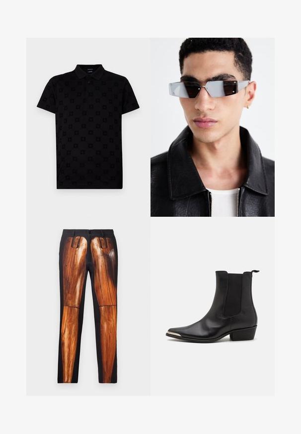 Černá kožená biker bunda s kapsami na zip, širokými klopami a dlouhými rukávy. Měkká textura a strukturovaný design s kovovými doplňky.; Černé polo tričko vyrobené z měkké tkaniny, s texturovaným vzorem kruhových motivů a klasickým límcem se třemi knoflíky.; Černá košile na knoflíky s vrstvenými krátkými a dlouhými rukávy. Vyrobena z bavlny, s klasickým límcem a decentním logem na rameni.; Černé kalhoty s grafickým potiskem dřevěných nohou, hladkou texturou a kontrastním lesklým povrchem na matném pozadí.; Černé kotníkové boty vyrobené z texturované kůže, s špičatou špičkou, elastickými postranními panely, zadním poutkem a nízkým blokovým podpatkem.; Avenované sluneční brýle se šedým nádechem a stříbrnými doplňky, umístěné na světlém pozadí. Skla mají jedinečný geometrický tvar.