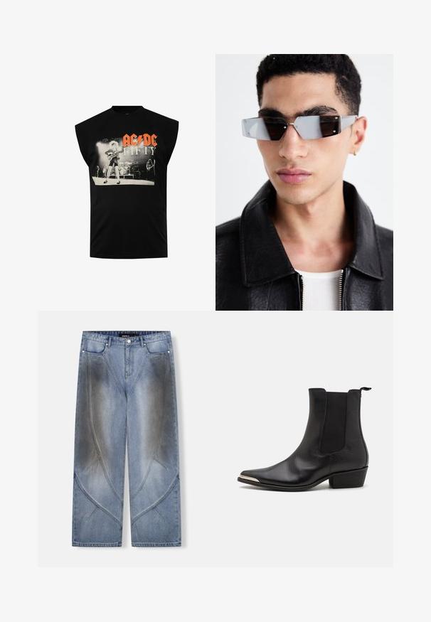 Svart läderbikerjacka med dragkedjefickor, breda slag och långa ärmar. Mjuk textur och strukturerad design med metallisk hårdvara.; Svart ärmlös t-shirt med ett grafiskt tryck av en musiker med en gitarr och texten "AC/DC FIFTY" i röd och vit. Tillverkad av bomull.; Skjorta i flanell med ett rutmönster i gult och svart, långa ärmar, två bröstfickor, knäppning fram och en avslappnad passform.; Ljusblå denim jeans med vida ben och en unik kantig design, blekningsdetaljer och kontrasterande sömmar. Femficksmodell.; Svarta ankelstövlar i texturerat läder med spetsig tå, elastiska sidopaneler, en bakre dragflik och en låg blockklack.; Vinklade gråtonade solglasögon med silverdetaljer, på en ljus bakgrund. Linserna har en unik geometrisk form.