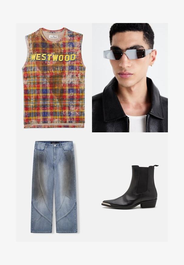 Czarna skórzana kurtka motocyklowa z zamykanymi na zamek kieszeniami, szerokimi klapami i długimi rękawami. Miękka tekstura i wyrazisty design z metalowym wykończeniem.; Bez rękawów top w kratę w odcieniach czerwieni, niebieskiego, żółtego i brązowego, z napisem "WESTWOOD" w pogrubionych żółtych literach na klatce piersiowej, ozdobionym gwiazdkami.; Koszula flanelowa z żółto-czarnym wzorem w kratkę, długim rękawem, dwiema kieszeniami na piersi, zapięciem na guziki oraz luźnym krojem.; Jasnoniebieskie dżinsy o szerokich nogawkach z unikalnym, kanciastym wzorem, efektami cieniowania i kontrastującymi przeszyciami. Model z pięcioma kieszeniami.; Czarne botki za kostkę wykonane z teksturowanej skóry, z ostrym noskiem, elastycznymi bocznymi panelami, pętelką z tyłu oraz niskim słupkowym obcasem.; Kątowe, szare okulary przeciwsłoneczne z metalowymi elementami w kolorze srebrnym, na jasnym tle. Soczewki mają unikalny, geometryczny kształt.