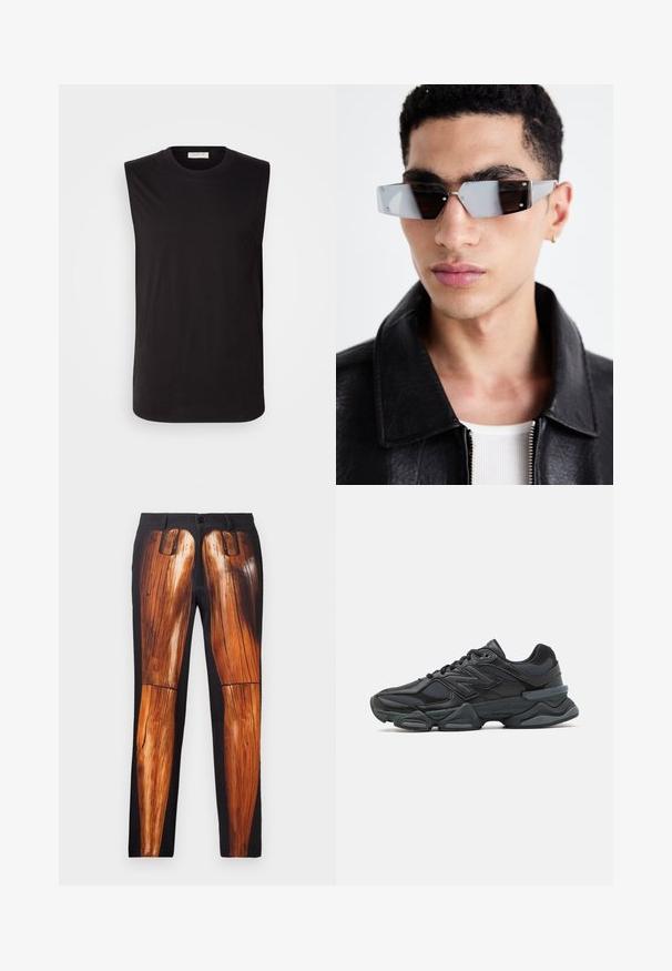 Juoda odinė motociklininko striukė su užtraukiamais kišenėmis, plačiais atlapais ir ilgomis rankovėmis. Minkšta tekstūra ir struktūrizuotas dizainas su metalinėmis detalėmis.; Juoda be rankovių marškinėliai, pagaminti iš minkštos medvilnės. Turi apvalų iškirpimą ir laisvą siluetą, yra glotnaus paviršiaus ir be puošmenų.; Juodi kelnės su grafiniu medinių kojų raštu, turinčios sklandžią tekstūrą ir kontrastingą blizgantį paviršių ant matinio fono.; Juodas bėgimo batelis, pagamintas iš tinklinės ir sintetinės medžiagos, turintis stambų pado dizainą, kreivą formą ir ryškią prekės ženklą šone.; Kampinis pilkai tonuoti akiniai nuo saulės su sidabrinėmis detalėmis, prieš šviesų foną. Lęšiai turi unikalią geometrinę formą.