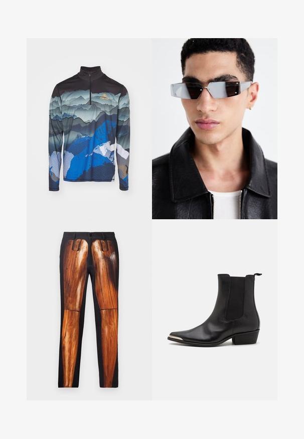 Giacca da moto in pelle nera con tasche con zip, ampie revers e maniche lunghe. Texture morbida e design strutturato con accessori metallici.; Bogner Fire + Ice PASCAL - Maglietta a manica lunga - multicolor; Camicia nera con bottoni, con maniche corte e lunghe sovrapposte. Realizzata in cotone, presenta un colletto classico e un discreto logo sulla spalla.; Pantaloni neri con una stampa grafica di gambe di legno, con una texture liscia e una finitura lucida a contrasto su uno sfondo opaco.; Stivaletti neri realizzati in pelle testurizzata con punta a punta, pannelli laterali elastici, linguetta sul retro e tacco a blocco basso.; Occhiali da sole angolari con tonalità grigia e hardware in argento, su uno sfondo chiaro. Le lenti presentano una forma geometrica unica.