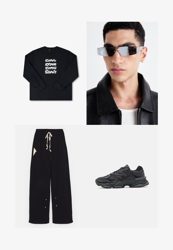 Svart läderbikerjacka med dragkedjefickor, breda slag och långa ärmar. Mjuk textur och strukturerad design med metallisk hårdvara.; Svart långärmad sweatshirt med en vit upprepad grafisk logotyp i stiliserad text över framsidan. Tillverkad av mjukt tyg.; Svarta vida byxor gjorda av mjukt tyg med dragsko i midjan, sidofickor och en triangulär accentficka. Detaljer i silverfärg ingår.; Svart löparsko med en kombination av mesh och syntetiska material, kraftig sula, rundad design och framträdande varumärkning på sidan.; Vinklade gråtonade solglasögon med silverdetaljer, på en ljus bakgrund. Linserna har en unik geometrisk form.