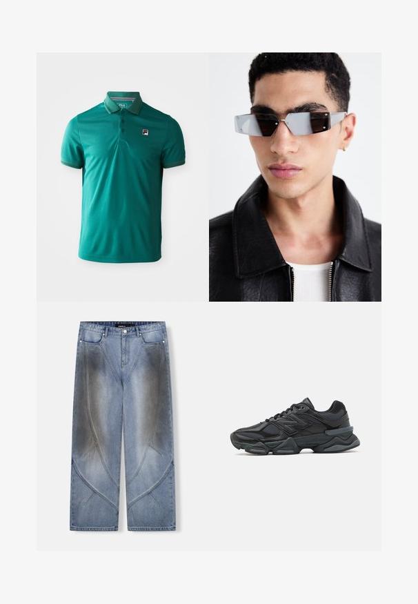 Čierna kožená bikerská bunda s bočnými vreckami na zips, širokými klopami a dlhými rukávmi. Mäkkučký materiál a štruktúrovaný dizajn s kovovými detailmi.; Tyrkysový polokošeľový tričko s krátkym rukávom, s tromi gombíkmi a malou nášivkou FILA na ľavej strane hrudníka na bielom pozadí.; Svetlomodré široké rifle z denimu s jedinečným uhlovým dizajnom, efektmi vyblednutia a kontrastnými švami. Štýl s piatimi vreckami.; Čierna bežecká obuv so zmesou sieťoviny a syntetických materiálov, robustnou podrážkou, zakriveným dizajnom a výrazným logom na boku.; Uhly šedé slnečné okuliare s striebornými prvkami na svetlom pozadí. Šošovky majú jedinečný geometrický tvar.