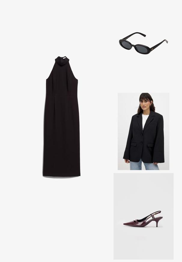 Naine kannab suurustelt lahedat musta bleiserit, millel on laiade varrukatega valge topp ja helesinised teksad, seistes ühtlase tausta ees.; Must mustriga kleit kõrge kaelusest, vormitud voodriga ja sirge siluetiga. Valmistatud siledast kangast, millel on peidetud seljaosa tõmblukk.; Burgundia värvi slingback kontsad, terava toe ja läikiva nahkviimistlusega, ees väikese lõikega ning õhukese stiletto kontsaga, millel on kuldsed aktsendid.; Mustad mustad prillid ovaalsete läätsedega, sujuvast plastmassraamist ja kuldsete aktsentidega tempel. Tumedaid läätsi, mis pakuvad päikese kaitset.; Pepe Jeans GRACEY - Käekott - burgundy red