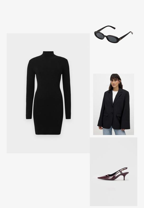 Woman wearing oversized black blazer with wide sleeves over white top and light blue jeans, standing against plain background.; Black long-sleeve dress with a fitted silhouette and high neckline, made of a textured fabric, offering a smooth, sleek appearance.; Burgundy slingback heels with a pointed toe, glossy leather finish, small cut-out at the front, and a slim stiletto heel with gold accents.; Black oversized sunglasses with oval lenses, smooth plastic frame, and gold accents on temple. Dark lenses provide sun protection.; Pepe Jeans GRACEY - Handbag - burgundy red