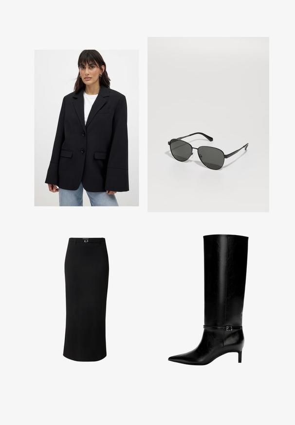 Frau trägt ein übergroßes schwarzes Blazer mit weiten Ärmeln über einem weißen Oberteil und hellblauen Jeans, steht vor einem schlichten Hintergrund.; Schwarzes oversized Sweatshirt mit Rundhalsausschnitt und langen Ärmeln, vor einem weißen Hintergrund präsentiert. Einfaches und lässiges Design.; Weißes Langarm-Hemd mit Knopfleiste, spitzen Kragen und abgerundetem Saum, vor einem schlichten Hintergrund präsentiert.; Schwarzer Bleistiftrock aus glattem Stoff, mit einem mittellangen Design, Gürtelschlaufen und einem rechteckigen silberfarbenen Schnallendetail.; Schwarze Lederstiefel bis zum Knie mit spitzer Zehe und kleinem Absatz. Verfügt über einen schmalen Riemen mit einer metallischen Schnalle am Knöchel. Glatte Textur.; Schwarze Sonnenbrille mit Metallrahmen und grauen Gläsern, ovaler Form, dünnen Bügeln und verstellbaren Nasenpads. Minimalistisches Design.; Schwarze Lederhandtasche mit einzigartiger Fächerform, ausgestattet mit flachen Griffen. Die Oberfläche hat eine genoppte Textur und ein minimalistisches Design.