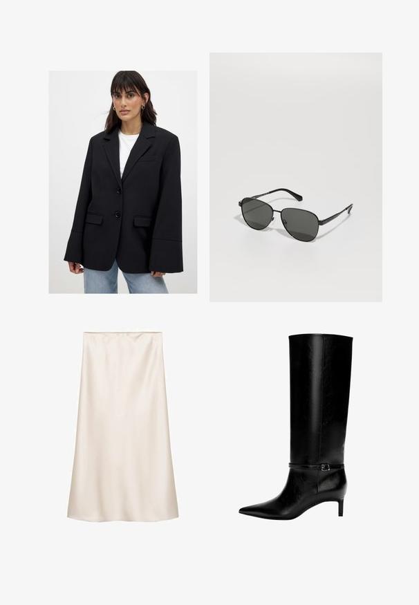 Nainen, joka on pukeutunut ylisuurta mustaa bleiseriä leveillä hihoilla valkoisen paidan ja vaaleansinisten farkkujen päällä, seisoo tasaisen taustan edessä.; Musta ylisuurva villapaita, jossa on pyöreä kaula-aukko ja pitkät hihat, esitelty valkoista taustaa vasten. Yksinkertainen ja rento muotoilu.; Satiini midi-hame vaaleassa valkoisessa, suora leikkaus, joustava vyötärö, sileä pinta, eikä näkyviä kuvioita tai yksityiskohtia.; Mustat nahkasaappaat polven yli, joissa on terävä kärki ja pieni korko. Niissä on kapea hihna metallisoljella nilkan ympärillä. Suora pinta.; Musta metallikehysaurinkoasu harmailla linsseillä, joissa on soikea muoto, ohuet varret ja säädettävät nenätyynyt. Minimalistinen muotoilu.; Musta nahkainen käsilaukku, jossa on ainutlaatuinen tuulihattukuvio, jossa on litteät kahvat. Pinnassa on karkeapintainen rakenne ja minimalistinen muotoilu.