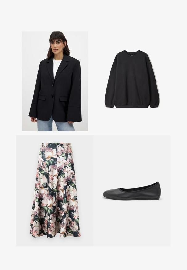 Ženska nosi prevelik črn blazer z širokimi rokavi čez belo majico in svetlo modre kavbojke, stoji pred enobarvno ozadjem.; Črni oversize pulover s krožnim izrezom in dolgimi rokavi, prikazan na beli podlagi. Preprost in sproščen dizajn.; Rožnata midi krila z črnim ozadjem in velikimi, pisanimi potoničnimi motivi. Plišast dizajn in roba s gladko teksturo.; Črne usnjene balerinke z zaobljenim nosom, gladko teksturo, minimalnimi šivi in fleksibilno zasnovo podplata.