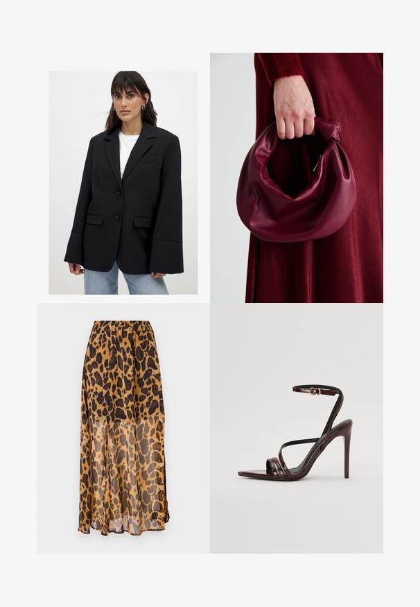 Kvinde iført en oversized sort blazer med brede ærmer over en hvid top og lyseblå jeans, stående mod en ensfarvet baggrund.; Asymmetrisk sort top lavet af glat stof med en samlet design og en hardware accent i guldfarve på den ene side.; Leopardtrykt nederdel lavet af let, gennemsigtigt stof. Har en elastisk talje og et flydende design med nuancer af brune og sorte pletter.; Bordeaux laker læder højhælede sandal med ankelrem, spids tå og tre vandrette remme over foden. Detalje med spænde i guldtonet.; Bordeaux læderhåndtaske med et blødt, samlet design og en rund form. Håndtaget er sikret og viser en glat tekstur.