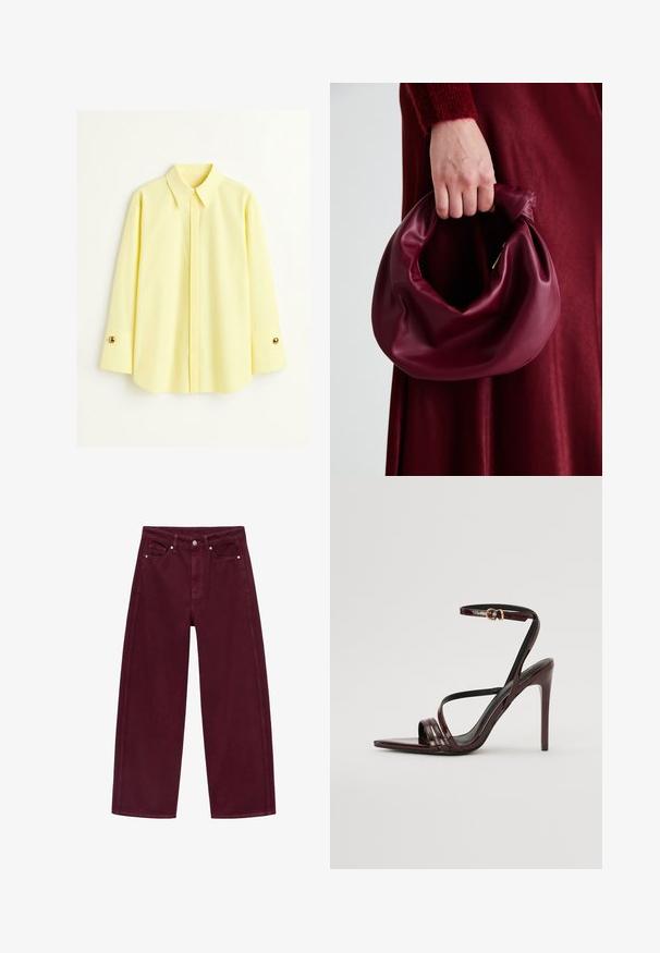Woman wearing oversized black blazer with wide sleeves over white top and light blue jeans, standing against plain background.; Yellow long-sleeve shirt made of a lightweight fabric. Features a classic collar and gold button detail on the cuffs. Smooth texture.; Burgundy wide-leg jeans made from cotton denim, featuring a four-pocket design and metal button closure with matching stitching.; Burgundy patent leather high-heeled sandal with an ankle strap, pointed toe, and three horizontal straps across the foot. Gold-tone buckle detail.; Burgundy leather handbag with a soft, gathered design and a rounded shape. The handle is secured, showcasing a smooth texture.