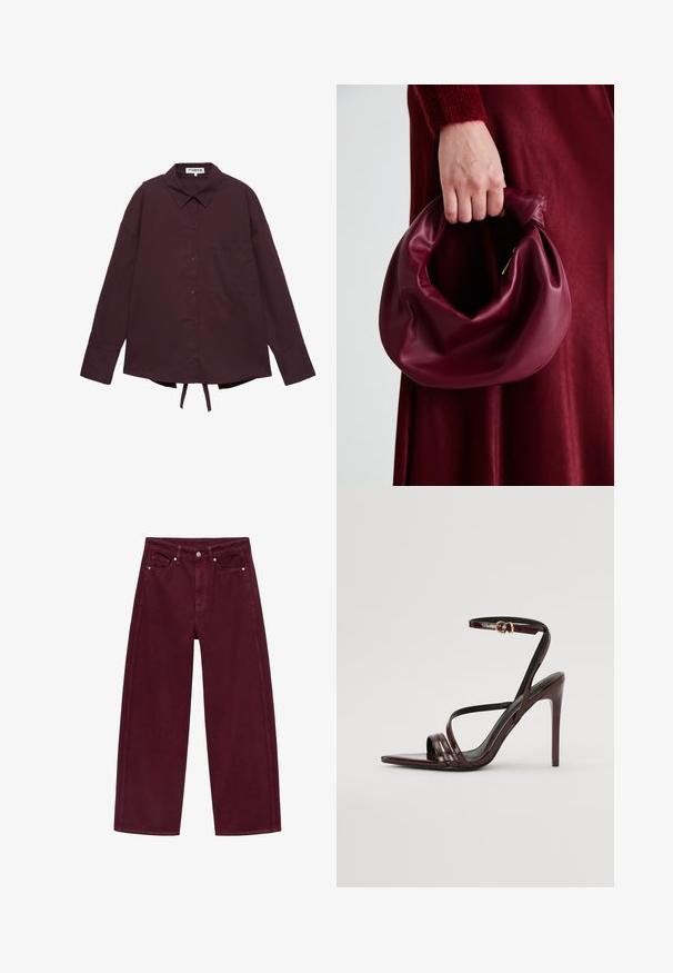 Donna che indossa un blazer nero oversize con maniche ampie sopra una maglietta bianca e jeans azzurri chiari, in piedi davanti a uno sfondo semplice.; Camicia a maniche lunghe viola scuro con colletto, taschino sul petto e lacci regolabili all'orlo.; Jeans a gamba larga color bordeaux realizzati in denim di cotone, caratterizzati da un design a quattro tasche e chiusura con bottone in metallo con cuciture coordinate.; Sandal con tacco alto in pelle verniciata borgogna, con cinturino alla caviglia, punta appuntita e tre cinturini orizzontali sul piede. Dettaglio della fibbia in tonalità oro.; Borsa in pelle bordeaux con un design morbido e arricciato e una forma arrotondata. Il manico è fissato, mostrando una texture liscia.