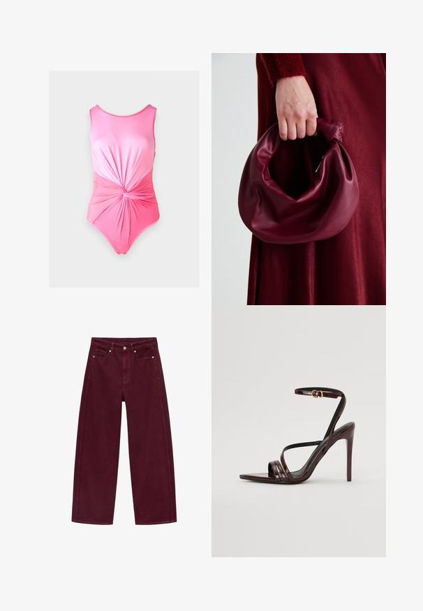 Donna che indossa un blazer nero oversize con maniche ampie sopra una maglietta bianca e jeans azzurri chiari, in piedi davanti a uno sfondo semplice.; Costume da bagno intero rosa con una texture liscia, caratterizzato da un dettaglio annodato in vita e una scollatura rotonda.; Jeans a gamba larga color bordeaux realizzati in denim di cotone, caratterizzati da un design a quattro tasche e chiusura con bottone in metallo con cuciture coordinate.; Sandal con tacco alto in pelle verniciata borgogna, con cinturino alla caviglia, punta appuntita e tre cinturini orizzontali sul piede. Dettaglio della fibbia in tonalità oro.; Borsa in pelle bordeaux con un design morbido e arricciato e una forma arrotondata. Il manico è fissato, mostrando una texture liscia.
