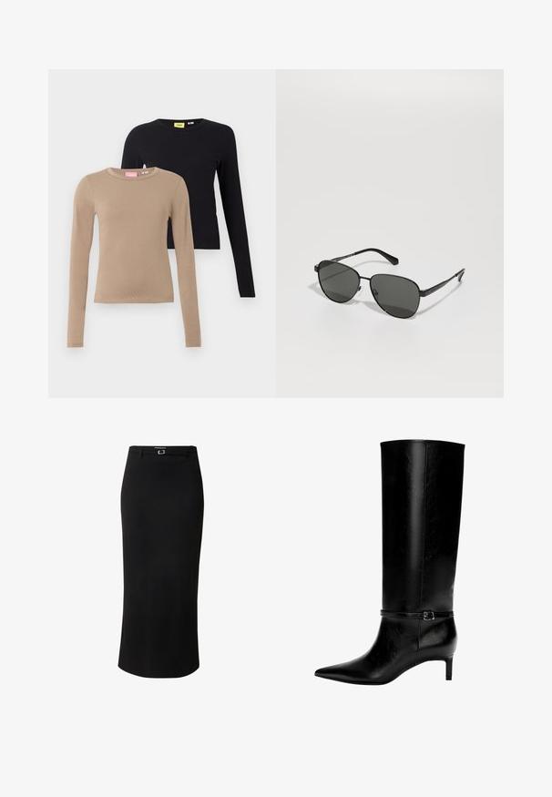 Vrouw in een oversized zwarte blazer met brede mouwen over een witte top en lichtblauwe jeans, staand tegen een effen achtergrond.; Langarmshirts in beige en zwart, met ronde halslijnen, een gladde textuur en een aangesloten ontwerp. Labels zijn zichtbaar op de halslijnen.; Zwarte kokerrok van gladde stof, met een middellange ontwerp, riemlussen en een rechthoekige gespsluiting in zilverkleur.; Zwarte leren laarzen tot de knie met een spitse neus en een kleine hak. Voorzien van een smalle band met een metalen gesp rond de enkel. Effen textuur.; Zwarte metalen zonnebril met grijze lenzen, met een ovale vorm, dunne armen en verstelbare neusvleugels. Minimalistisch ontwerp.; Zwarte leren handtas met een unieke waaier vorm, voorzien van platte handvatten. Het oppervlak heeft een gewelfde textuur en een minimalistisch ontwerp.