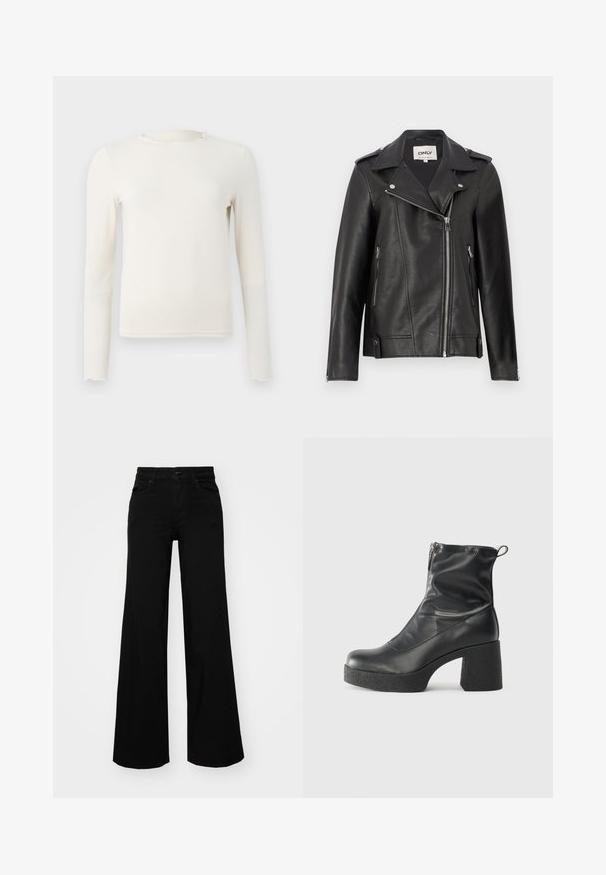 Fekete bőr motoros dzseki, nyakkivágással, aszimmetrikus cipzárral elöl és oldalzsebekkel. Ezüst színű kiegészítők és texturált felület jellemzi.; Hosszú ujjú, krém színű, testhezálló felső, fodros kerek nyakkivágással és szegéllyel, világos szürke háttéren bemutatva.; Fekete, bő szárú farmernadrág, amelynek állítható derékrésze van, övhurkokkal és elülső zsebekkel. Simaság jellemzi, klasszikus dizájnnal.; Fekete bokacsizmák sima bőrből, oldalsó cipzárral, vastag, texturált sarkú és lekerekített orrú dizájnnal.