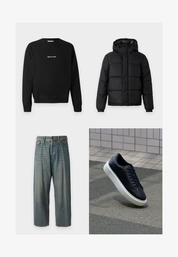 Casaco puffer preto com capuche, apresentando um design acolchoado, fecho com zíper e punhos elásticos. Material suave e leve com um acabamento brilhante.; Sweatshirt preto com decote redondo, mangas longas e punhos canelados, com "Original Studio" bordado em branco na parte da frente.; Jeans de ganga azul claro com um corte solto, cintura média e pernas retas. Apresenta cinco bolsos, passadores de cinto e fecho com botão.; Sapatilha de couro preto com bico arredondado e sola de borracha branca. Apresenta atacadores planos e costuras mínimas na parte superior. Sola texturizada para melhor aderência.