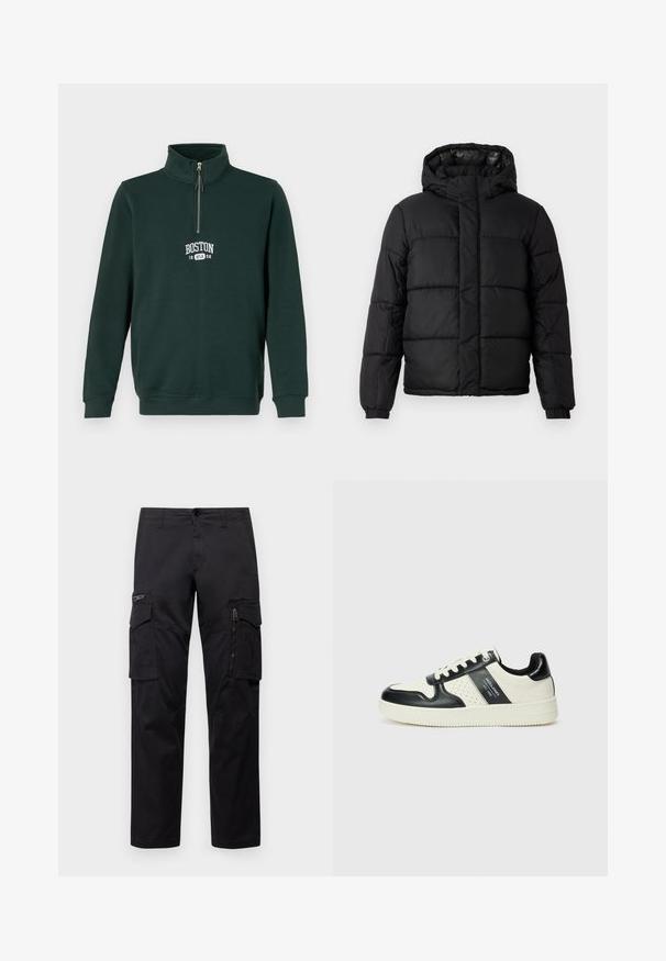 Chaqueta acolchada negra con capucha, que presenta un diseño acolchado, cierre de cremallera y puños elásticos. Material suave y ligero con un acabado brillante.; Sudadera de color verde oscuro con cremallera de cuarto. Presenta "BOSTON 1998" en letras blancas en el pecho. Hecha de un tejido suave y texturizado.; Pantalones cargo negros con múltiples bolsillos, un bolsillo con cremallera en el muslo, corte recto y tejido de algodón resistente con un ligero brillo.; Zapatillas de cuero con un esquema de colores negro y crema, que cuentan con acentos perforados, un collar acolchado y una suela texturizada.