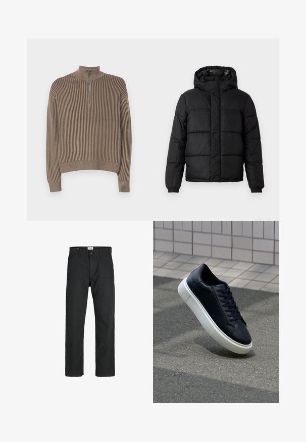 Zwarte pufferjas met capuchon, met een gequilt ontwerp, ritsluiting en elastische manchetten. Glad, lichtgewicht materiaal met een glanzende afwerking.; Bruine geribbelde trui met hoge hals en halve rits, met lange mouwen en een relaxte pasvorm. De textuur is zacht en gebreid.; Zwarte broeken gemaakt van duurzame stof, met een recht gesneden ontwerp, gestikte accenten en twee voorzakken voor functionaliteit.; Zwarte leren sneaker met een ronde neus en een witte rubberen zool. Voorzien van platte veters en minimale stiksels op het bovenwerk. Textuurrijke zool voor grip.