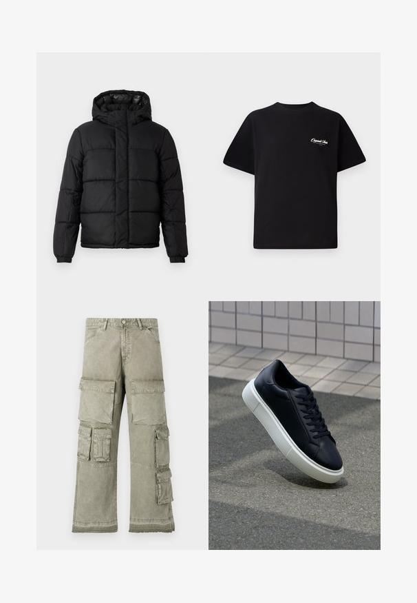 Casaco puffer preto com capuche, apresentando um design acolchoado, fecho com zíper e punhos elásticos. Material suave e leve com um acabamento brilhante.; T-shirt de algodão preto com decote redondo, mangas curtas e pequeno texto de logo branco no lado esquerdo do peito. Design simples, corte clássico.; Calças cargo em verde oliva claro, com vários bolsos grandes, um design de pernas largas e acabamento em barra crua. Feitas de tecido durável.; Sapatilha de couro preto com bico arredondado e sola de borracha branca. Apresenta atacadores planos e costuras mínimas na parte superior. Sola texturizada para melhor aderência.