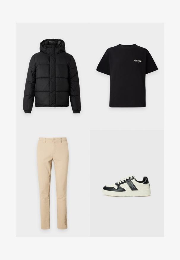 Melnas pūkainās virsjakas ar kapuci, ar izšūtu dizainu, ar rāvējslēdzēja aizdari un elastīgām piedurknēm. Gluda, viegla materiāla ar spīguļojošu apdari.; Melnas kokvilnas t-krekls ar apaļu kakla izgriezumu, īsām piedurknēm un maziem baltiem logotipa uzrakstiem kreisajā krūšu daļā. Vienkāršs dizains, klasiskā piegriezne.; Beige kokvilnas bikses ar klasisku piegriezumu, ar rāvējslēdzēju un pogu aizdari, jostu cilpiņām un tīru apakšmalu. Nav redzamu rakstu vai akcentu.; Ādas sporta apavi ar melnbaltu krāsu shēmu, ar perforētiem akcentiem, mīkstinātu apkakli un teksturētu zoli.