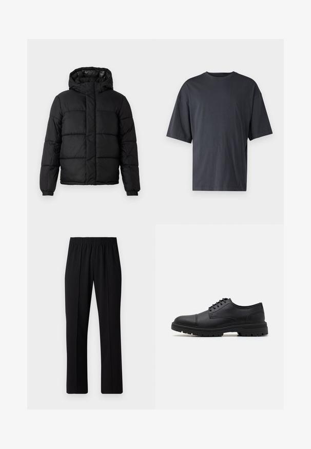 Čierna nafúknutá bunda s kapucňou, s prešívaným dizajnom, zipsom a elastickými manžetami. Hladký, ľahký materiál s lesklým povrchom.; Tmavošedé tričko s krátkym rukávom vyrobené z ľahkého bavlneného materiálu, s voľným strihom a klasickým okrúhlym výstrihom, bez vzoru a s hladkou textúrou.; Čierne nohavice s elastickým pásom a rovnými nohavicami, majú hladkú textúru a žiadne viditeľné vzory ani kovové doplnky.; Čierne kožené šnurovacie topánky s okrúhlou špičkou, textúrovanými bokmi a masívnou gumovou podrážkou s dezénom pre lepšiu priľnavosť.
