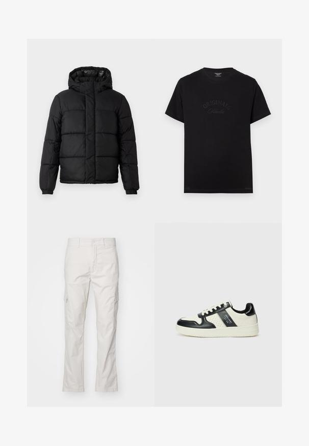 Svart pufferjacka med huva, som har en kviltad design, dragkedjestängning och elastiska ärmslut. Slät, lätt material med en glänsande finish.; Svart bomulls t-shirt med korta ärmar och rund halsringning. Har "ORIGINALS Studio" präglat i tonade bokstäver på framsidan.; Beige bomull cargo byxor med sidofickor, rak passform, bältesöljer samt dragkedja och knappstängning vid midjan.; Läder sneakers med en svart och krämfärgad färgsättning, med perforerade detaljer, en vadderad krage och en strukturerad yttersula.