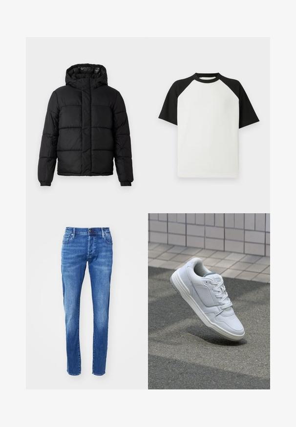 Svart pufferjakke med hette, med quilte-design, glidelåslukking og elastiske mansjetter. Glatt, lett materiale med høyglanset overflate.; Svart og hvit kortermet t-skjorte med ribbet tekstur; har raglanermer og rund hals.; Blå denimjeans med rett passform, fem-lomme-design og en falmet finish. Har en frontknapplukking og beltehemper.; Hvite lær sneakers med perforerte sider, teksturerte detaljer, flate lisser og en kontrasterende grå hæl. Har en lite hevet såle.