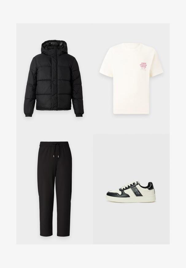 Veste matelassée noire avec capuche, dotée d'un design matelassé, d'une fermeture éclair et de poignets élastiques. Matériau lisse et léger avec une finition brillante.; T-shirt blanc à manches courtes avec le texte rouge "Édition Originals du Studio" sur la poitrine gauche, présenté sur un fond gris neutre.; Only & Sons ONSSINUS PANT - Pantalon classique - black; Baskets en cuir avec un schéma de couleurs noir et crème, dotées d'accents perforés, d'un col rembourré et d'une semelle texturée.