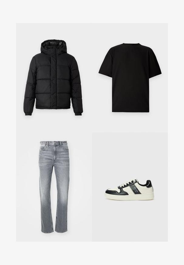 Giubbotto nero a puffo con cappuccio, caratterizzato da un design trapuntato, chiusura con zip e polsini elastici. Materiale liscio e leggero con finitura lucida.; T-shirt nera a maniche corte realizzata in tessuto a coste. Presenta un collo tondo e una vestibilità comoda con una texture liscia. Solo vista dal retro.; Jeans in denim grigio con taglio dritto, caratterizzati da un classico design a cinque tasche, passanti per la cintura e leggeri effetti di scolorimento per dare texture.; Sneakers in pelle con una combinazione di colori nero e crema, dotati di dettagli perforati, collare imbottito e suola testurizzata.