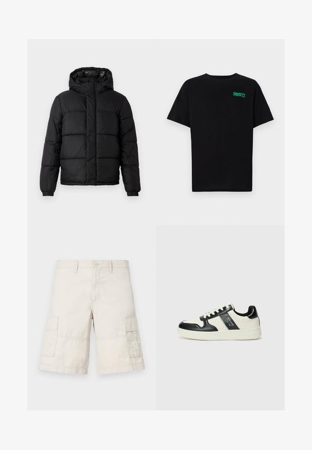 Zwarte pufferjas met capuchon, met een gequilt ontwerp, ritsluiting en elastische manchetten. Glad, lichtgewicht materiaal met een glanzende afwerking.; Zwarte T-shirt van katoen met korte mouwen. Heeft een groen "ROOTS" logo op de voorkant, een ronde halslijn en een standaard pasvorm.; Beige cargoshorts van lichtgewicht katoen, met twee zijzakken, een knoopsluiting aan de voorkant en stikseldetails.; Leren sneakers met een zwart en crèmekleurig kleurenschema, voorzien van geperforeerde accenten, een gevoerde kraag en een gestructureerde buitenzool.