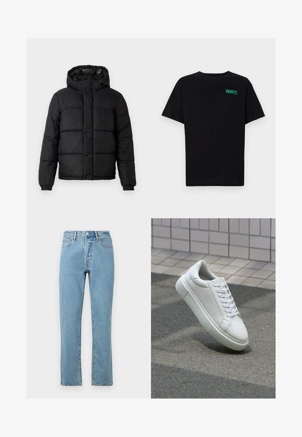 Black puffer jacket with a hood, featuring a quilted design, zip closure, and elastic cuffs. Smooth, lightweight material with a glossy finish.; Black t-shirt made of cotton with short sleeves. Features a green "ROOTS" logo on the front, round neckline, and standard fit.; Light blue denim jeans with a straight leg cut, featuring orange stitching, a button closure, and classic five-pocket design.; White leather sneaker with a smooth surface, round toe, and flat white laces. Features a textured rubber sole and minimal design elements.