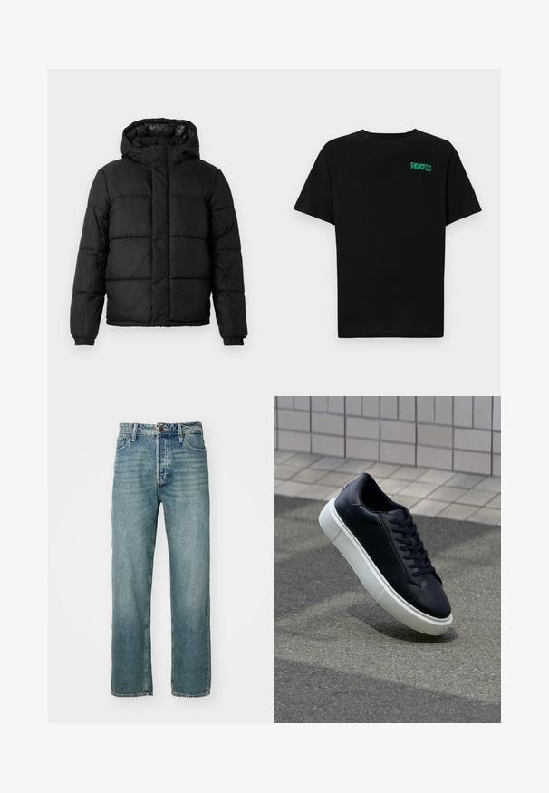 Casaco puffer preto com capuche, apresentando um design acolchoado, fecho com zíper e punhos elásticos. Material suave e leve com um acabamento brilhante.; T-shirt preta feita de algodão com mangas curtas. Apresenta um logótipo verde "ROOTS" na frente, gola redonda e corte standard.; Jean de ganga azul claro com corte reto, design de cinco bolsos e costura visível. Apresenta um botão de metal e fecho de zipper.; Sapatilha de couro preto com bico arredondado e sola de borracha branca. Apresenta atacadores planos e costuras mínimas na parte superior. Sola texturizada para melhor aderência.