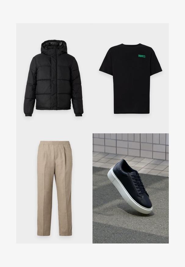 Veste matelassée noire avec capuche, dotée d'un design matelassé, d'une fermeture éclair et de poignets élastiques. Matériau lisse et léger avec une finition brillante.; T-shirt noir en coton à manches courtes. Présente un logo "ROOTS" vert sur le devant, un col rond et une coupe standard.; Pantalons beiges amples avec une taille élastique, jambes droites et deux plis à l'avant. Fabriqués en tissu textile texturé.; Baskets noires en cuir avec bout arrondi et semelle en caoutchouc blanc. Elles présentent des lacets plats et une couture minimale sur la tige. Semelle texturée pour une bonne adhérence.