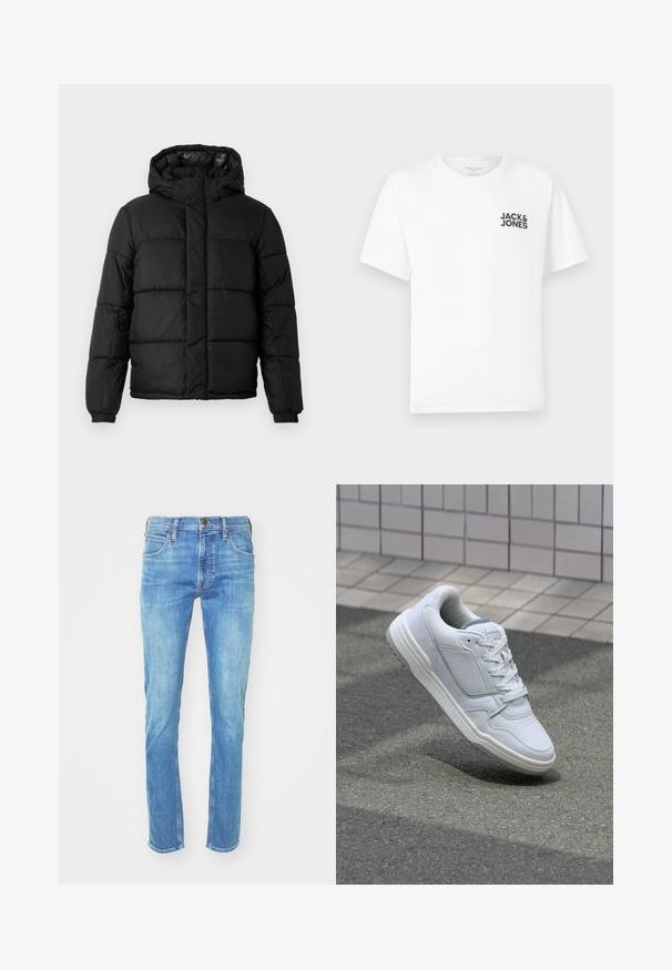 Mustat puffatakki, jossa on huppu, tilkkutöitä muistuttava muotoilu, vetoketjusuljenta ja joustavat hihansuut. Sileä, kevyt materiaali kiiltävällä pinnalla.; Valkoinen puuvillapaita, lyhyet hihat, pyöreä kaula-aukko. Vasemmassa rintakehässä musta tekstilogo "JACK & JONES". Yksinkertainen, neutraali muotoilu.; Vaaleansiniset farkut suoranlahkeisella leikkauksella, viisi taskua ja kontrastivärinen ommel. Vyötäröllä nappi- ja vetoketjukiinnitys.; Valkoinen nahkakengät, joissa on rei'itetyt sivut, teksturoituja yksityiskohtia, tasaiset nauhat ja erottuva harmaa kanta. Varrella on hieman kohotettu pohja.