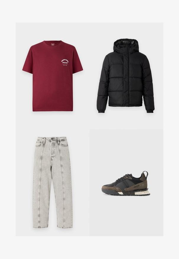 Zwarte pufferjas met capuchon, met een gequilt ontwerp, ritsluiting en elastische manchetten. Glad, lichtgewicht materiaal met een glanzende afwerking.; Bordeaux katoenen t-shirt met ronde hals, korte mouwen en een witte grafische print op de linker borst. Soepele textuur en casual pasvorm.; Grijze high-waisted jeans met een losse pasvorm, voorzien van een recht gesneden ontwerp, zichtbare stiksels en een verstoord textuur.; Replay FIELD JUPITER CRAFT - Sneakers laag - black/dark grey