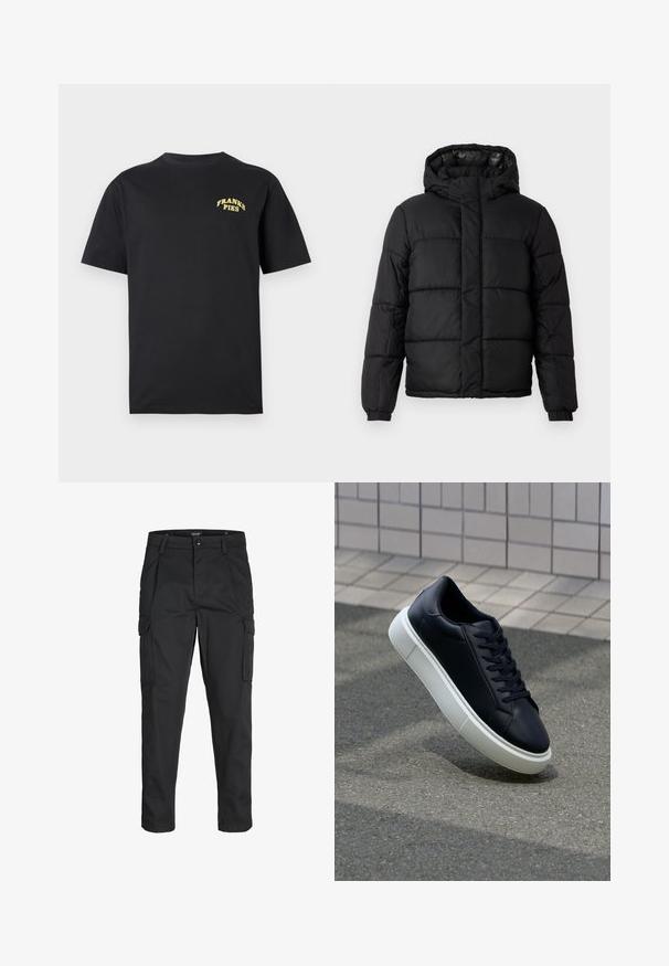 Čierna nafúknutá bunda s kapucňou, s prešívaným dizajnom, zipsom a elastickými manžetami. Hladký, ľahký materiál s lesklým povrchom.; Čierne tričko s krátkym rukávom z bavlny s žltým textom "FRANKS PIES" na hornej ľavej strane hrudníka.; Čierne cargo nohavice z odolnej látky, s viacerými vreckami, gombíkovým zapínaním a úzkym strihom so zúženými nohavicami.; Čierne kožené tenisky s okrúhlou špičkou a bielou gumovou podrážkou. Majú ploché šnúrky a minimálne šitie na vrchu. Textúrovaná podrážka pre lepšiu priľnavosť.