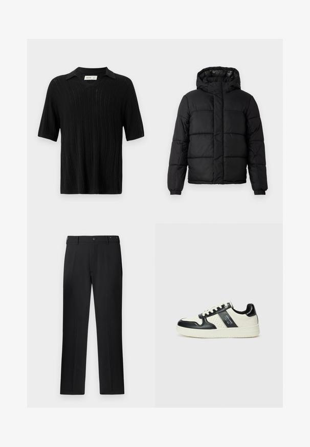 Casaco puffer preto com capuche, apresentando um design acolchoado, fecho com zíper e punhos elásticos. Material suave e leve com um acabamento brilhante.; Camisa preta de mangas curtas com decote em V e textura ribada. Apresenta um colarinho feito de um material de malha macia. Bordas lisas.; Calças pretas com um design de perna reta, fecho de botão e passantes para cinto, com uma textura suave e sem padrões ou detalhes visíveis.; Ténis de couro com um esquema de cores em preto e creme, apresentando detalhes perfurados, um colarinho acolchoado e uma sola texturizada.