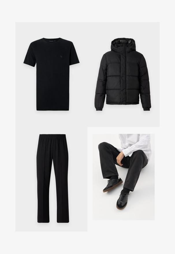 Svart pufferjakke med hette, med quilte-design, glidelåslukking og elastiske mansjetter. Glatt, lett materiale med høyglanset overflate.; Svart bomull t-skjorte med korte ermer, rund hals, med en liten, subtil logo i en matchende nyanse på venstre brystområde.; Svart, elastisk midjebukser med rett ben-design, med en glatt tekstur og uten synlige mønstre eller maskinvare.; Svarte joggesko med en glatt og teksturert overflate, med gummisåle og mørke snører. Kombinert med svarte jeans og en hvit stripet skjorte.