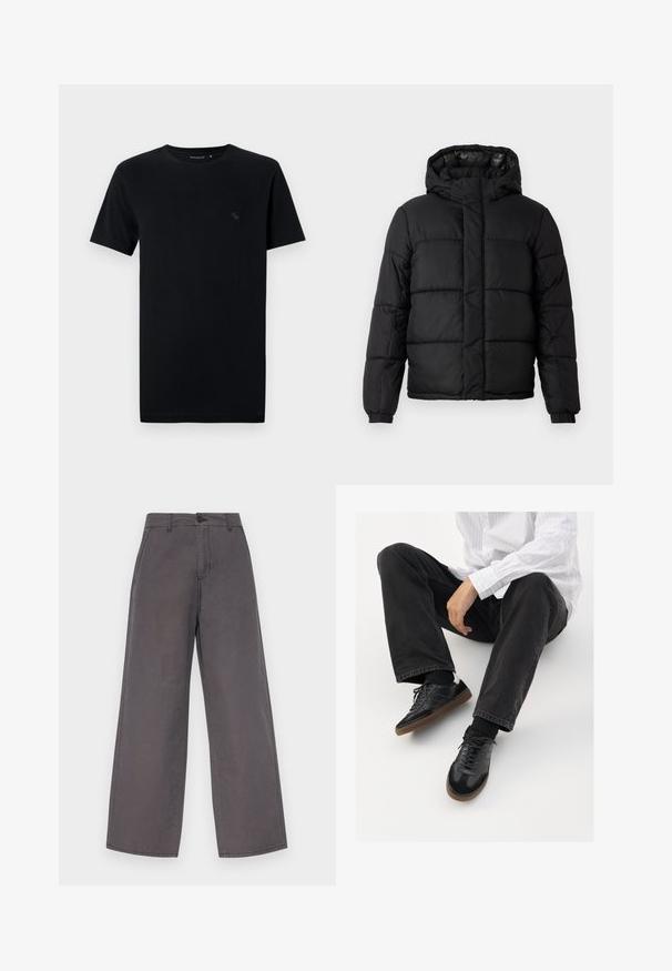 Jachetă puffer neagră cu glugă, cu un design matlasat, închidere cu fermoar și manșete elastice. Material neted, ușor, cu un finisaj lucios.; Tricou din bumbac negru, cu mâneci scurte și guler rotund, având un logo mic și discret într-o nuanță similară pe partea stângă a pieptului.; Pantaloni gri, cu croiala ampla, din bumbac, având închidere cu nasture, baieu pentru curea și buzunare frontale. Textură netedă cu detalii minime de coasere.; Adidași negri cu un model neted și texturat, având o talpă din cauciuc și șireturi închise la culoare. Asortați cu blugi negri și o cămașă albă cu dungi.