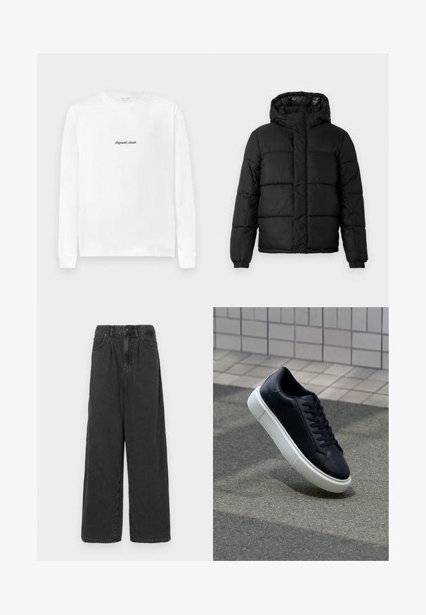 Mustan värvi puffjakki kapuutsiga, millel on tikitud disain, tõmbluku sulgemine ja elastsed varrukad. Sile, kerge materjal, millel on läikiv viimistlus.; Valge pika varrukaga T-särk, millel on rinna keskosas väike must kiri "Originals Studio".; Laiad, kõrgema vöökohaga mustad denimipüksid, millel on ees nupuga ja tõmblukuga sulgemine, külgpocketid ja sile tekstuur.; Mustast nahast tennisetoss, millel on ümar nina ja valge kummist tall. Omab siredaid paelu ja minimaalset õmblemist ülemises osas. Tekstuuriga tald, mis tagab haakuvuse.