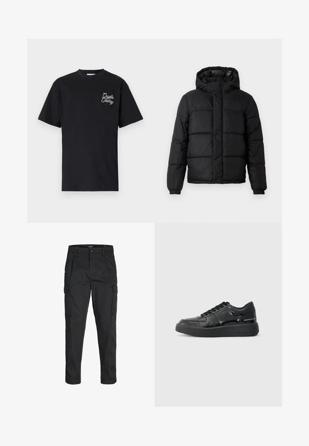 Sort puffjakke med hætte, der har et quiltet design, lynlåslukning og elastiske manchetter. Glat, letvægtsmateriale med en blank finish.; Sort bomulds t-shirt med korte ærmer, rund hals og et hvidt broderet "Crypto Cowboy" logo på venstre bryst.; Sorte cargo-bukser lavet af slidstærkt stof, der har flere lommer, en knaplukning og et slim fit design med smalle ben.; Sorte lædersneakers med en glat finish, rund tå og kontrasterende sort gummisål. Har flade snørebånd og branding på siden.