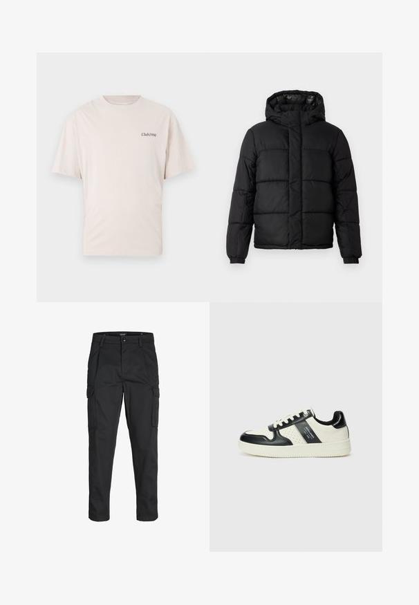 Melnas pūkainās virsjakas ar kapuci, ar izšūtu dizainu, ar rāvējslēdzēja aizdari un elastīgām piedurknēm. Gluda, viegla materiāla ar spīguļojošu apdari.; Gai beige kokvilnas t-krekls ar īsām piedurknēm un apaļu kakla izgriezumu, uz kura ir neliels melns "Club1990" logo kreisajā krūtī.; Melnas kravas bikses, izgatavotas no izturīga auduma, ar vairākiem kabatām, pogu aizdari un šaura piegriezuma dizainu ar sašaurinātiem kāju apakšiem.; Ādas sporta apavi ar melnbaltu krāsu shēmu, ar perforētiem akcentiem, mīkstinātu apkakli un teksturētu zoli.