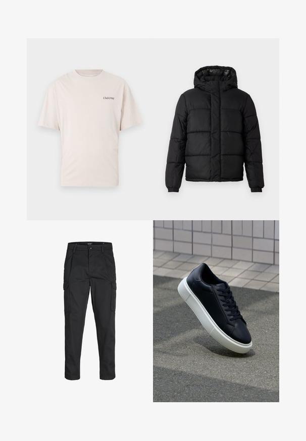 Svart pufferjakke med hette, med quilte-design, glidelåslukking og elastiske mansjetter. Glatt, lett materiale med høyglanset overflate.; Lys beige bomull t-skjorte med korte ermer og rund hals, med en liten svart "Club1990" logo på venstre bryst.; Sorte cargo bukser laget av slitesterkt stoff, med flere lommer, knappelukking og en slim fit-design med avsmalnede ben.; Sorte skinnsneakers med rund tå og hvit gummisåle. Har flate lisser og minimal søm på overdelen. Strukturert såle for grep.
